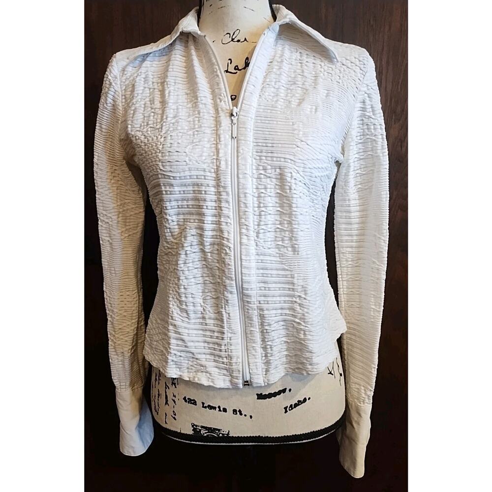 Carol Anderson Vtg Medium White stretch collared full zip blouse long cuffs USA